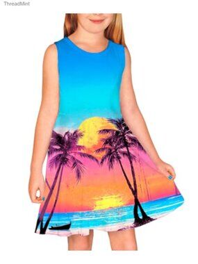 Girls Sleeveless Skater Dress Polyester Tropical Print Twirly Summer Mini